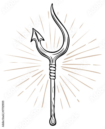 Hand-drawn trident illustration, mythical weapon concept, monochrome design