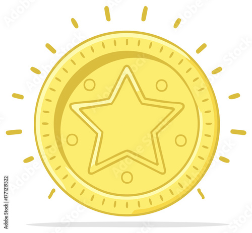 Shiny gold coin with a star symbol for a game prize reward or achievement cartoon vector illustration