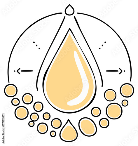Hand drawn skincare icon of a golden oil serum drop showing a hydration and absorption cycle