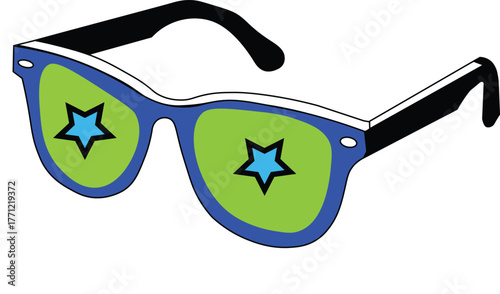 Colorful sunglasses with star-shaped reflections, trendy eyewear illustration, summer fashion accessory design, cool pop art glasses isolated on white background