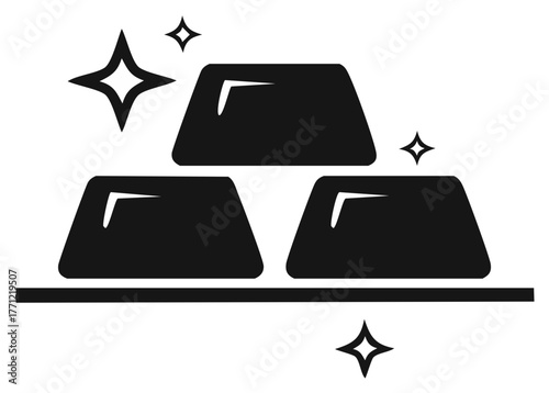 Three sparkling gold bars stacked in a pyramid. Black and white vector icon for finance wealth and investment.