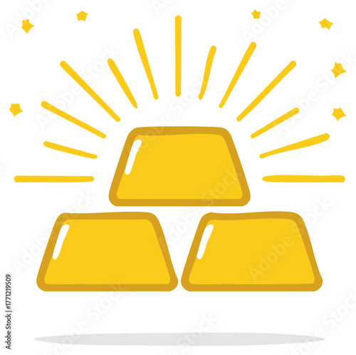 Three shiny gold bars stacked with radiating yellow lines and stars