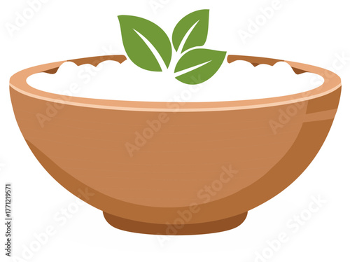 Wooden Bowl with White Filling and Green Leafy Garnish Illustration