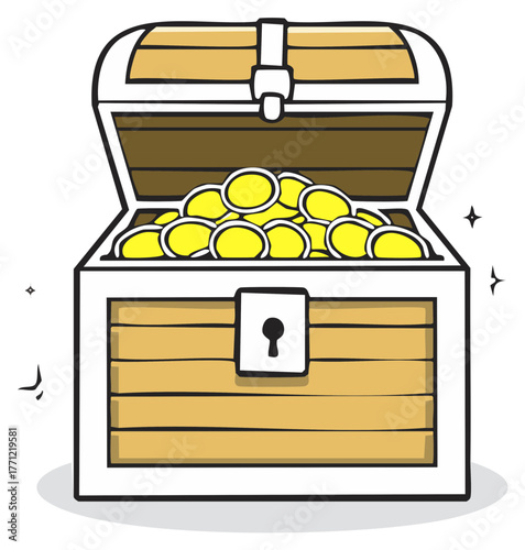 Wooden Treasure Chest Overflowing with Gold Coins and Sparkles
