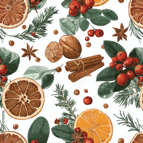Christmas Botanical Pattern. Seamless Christmas Pattern with berry, Cinnamon, and Orange Slices. Holiday Decor Background.