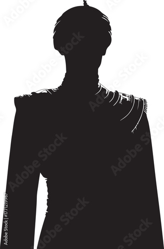This is a black silhouette vector illustration of a male in 1800s Egyptian fashion with ornate shoulder decoration and headdress.