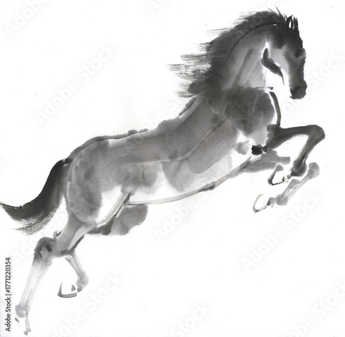 跳びだす馬　水墨画