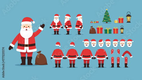 Cartoon Santa Claus Character Design with Christmas Elements on Blue Background