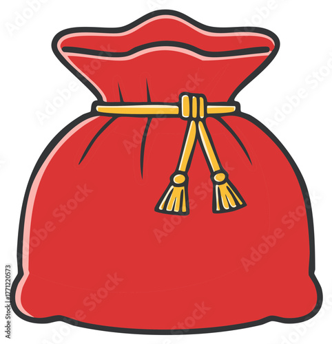 Red fabric sack illustration with drawstring closure and hanging tassels, cartoon style