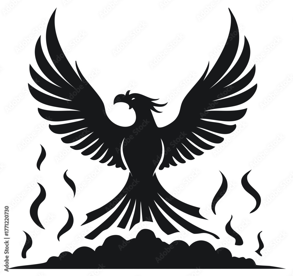 Fototapeta premium Mythical phoenix bird silhouette rising from flames and smoke with outstretched wings