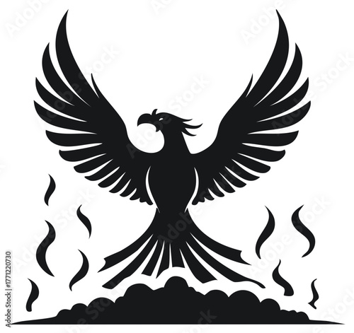 Mythical phoenix bird silhouette rising from flames and smoke with outstretched wings