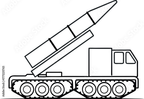 Missile Launcher: A detailed line art illustration of a mobile missile launcher, showcasing the mechanical structure and the projectile.