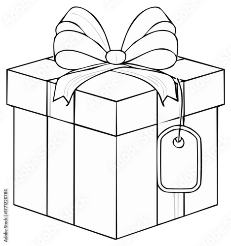 Outlined present package with ribbon bow and tag, gift box illustration line art