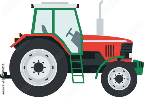 Classic red tractor agricultural machine powerful farming vehicle side view on white isolated on transparent background