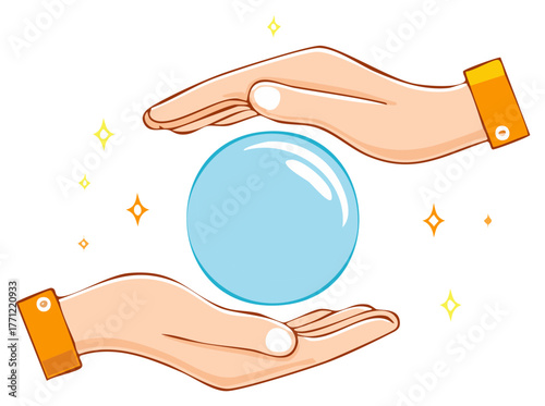 Hands holding a crystal ball, magical, future, prediction, illustration