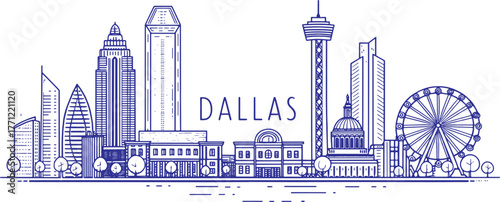 Dallas Skyline Sketch with Reunion Tower, Bank of America Plaza, and Margaret Hunt Hill Bridge – Cultural Art for Travel, Tourism, and Wall Decor Use