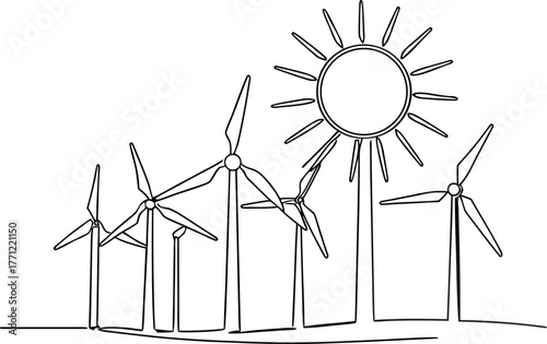 Green renewable wind power turbines generate electricity in a natural field landscape under a   sky