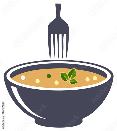 Graphic illustration of soup bowl with fork, fresh leaves, and broth isolated