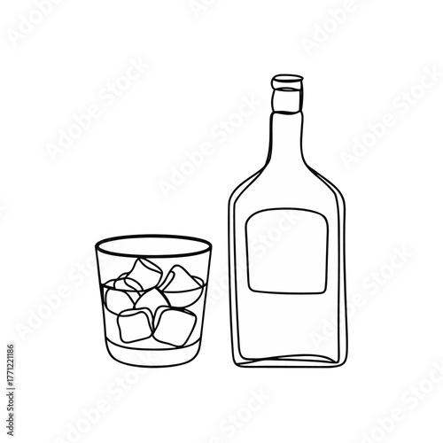 Whiskey with ice: A clean, minimalistic outline showcases a bottle of amber liquor beside a glass brimming with ice cubes, ideal for drinks