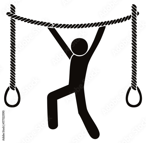 Figure hanging from rope with rings on the sides for exercise or climbing activity