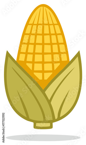 Stylized cartoon corn cob with green husks and yellow kernels illustration