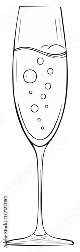 Line art drawing of a champagne flute filled with sparkling beverage and effervescent bubbles