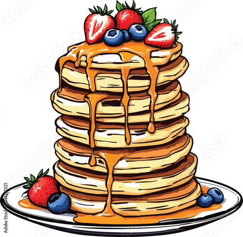 Stack of pancakes with strawberries, blueberries, and syrup, appetizing breakfast vector for culinary and seasonal campaigns