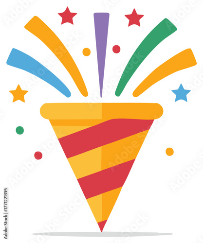 Colorful festive party popper with exploding stars and confetti.