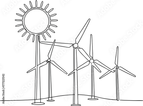 Green energy wind turbine farm generates renewable electricity against the sky, a powerful symbol of environmental technology