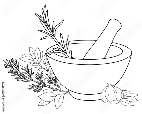 A mortar and pestle with herbs is a kitchen tool used to grind herbal medicine or food