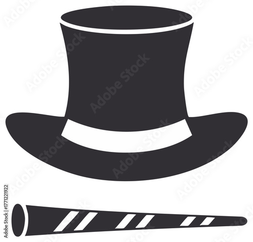 Top Hat and Cane Isolated, Gentleman's Outfit, Formal Accessory, Silhouette