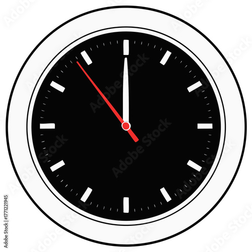 Minimalist Clock Illustration Shows Twelve O'Clock with Red Seconds Hand