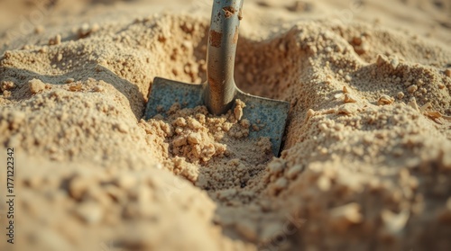 Digger in Sandy Ground: A close-up shot of a shovel stuck firmly into a pile of sand, the scene suggests the action of digging, cultivation and hard work.
