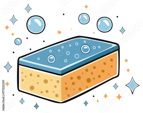 Cartoon Illustration of a Kitchen Sponge with Bubbles and Sparkles for Cleaning