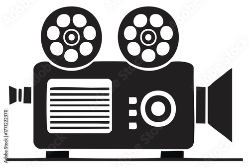 Retro Film Camera Black and White Icon with Reels for Movie Making and Cinema Production