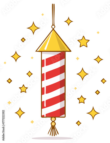 Festive Hanging Firecracker Rocket with Sparkling Stars Illustration
