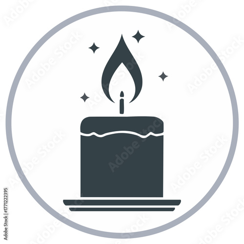 Elegant Candle Icon, with Flickering Flame, Magical Sparks, and Isolated Circle Frame for Decorative Design