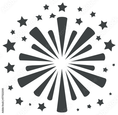 Dynamic graphic burst with radiating rays and scattered stars symbolizing celebration or impact