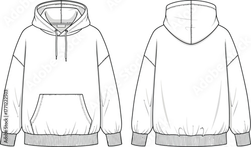Front and back flat sketch of a classic unisex hoodie with kangaroo pocket and drawstring isolated on transparent background