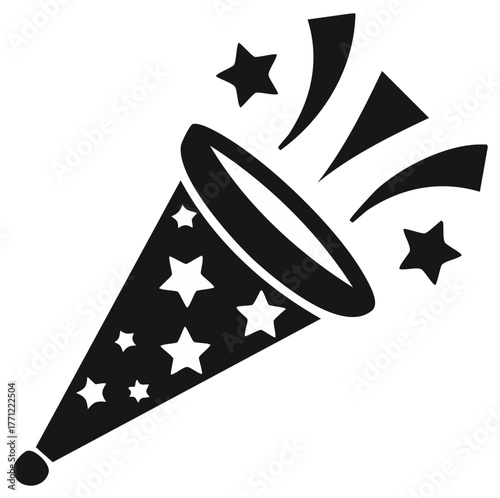 Black Celebration Confetti Party Poppers with Stars Monochrome Vector Graphic