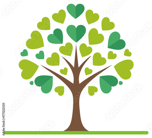 Stylized tree with heart shaped leaves in greens and browns against white backdrop