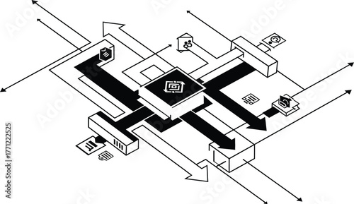 Isometric black and white diagram of a central processing hub or chip connected to modules, illustrating complex network traffic, core data flow, and system architecture.