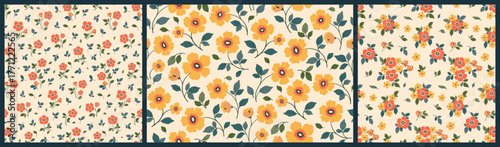 Seamless floral pattern, liberty ditsy print in folk motif. Romantic botanical design collection of small hand drawn plants, cute yellow daisy flowers, tiny leaves, simple bouquets Vector illustration