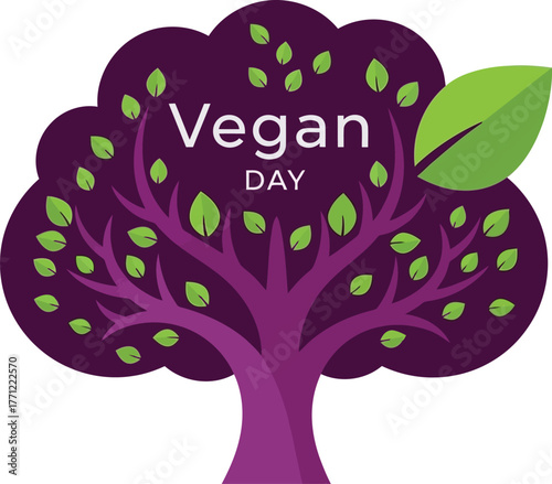 Purple tree with green leaves celebrates vegan day isolated on white background