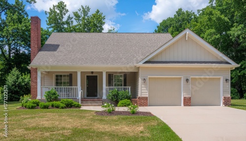 Suburban Ranch Style Home with Covered Porch and Two Car Garage