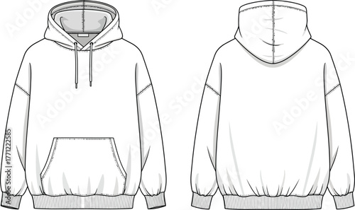 Front and back fashion sketch of a classic hoodie with drawstrings and kangaroo pocket isolated on transparent background