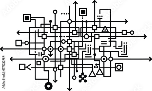 Intricate abstract black and white network of interconnected lines, arrows, and geometric shapes, symbolizing a complex digital system, quantum computing circuit, or massive data flow labyrinth.