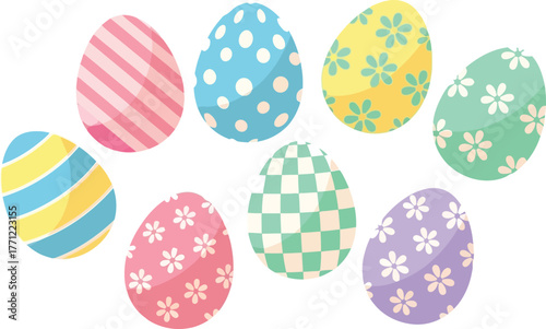 Festive collection of eight hand-painted easter eggs with diverse patterns and colors isolated on transparent background