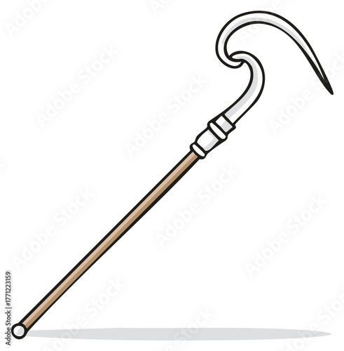 Cartoon illustration of a crook with a wooden shaft and curved metal hook great for harvesting or shepherds tending sheep