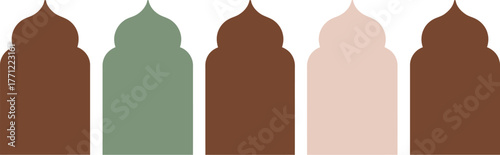 A minimalist graphic design featuring a row of five stylized Islamic crescent moon and star symbols in varied muted earth tones, ideal for religious and cultural themes
